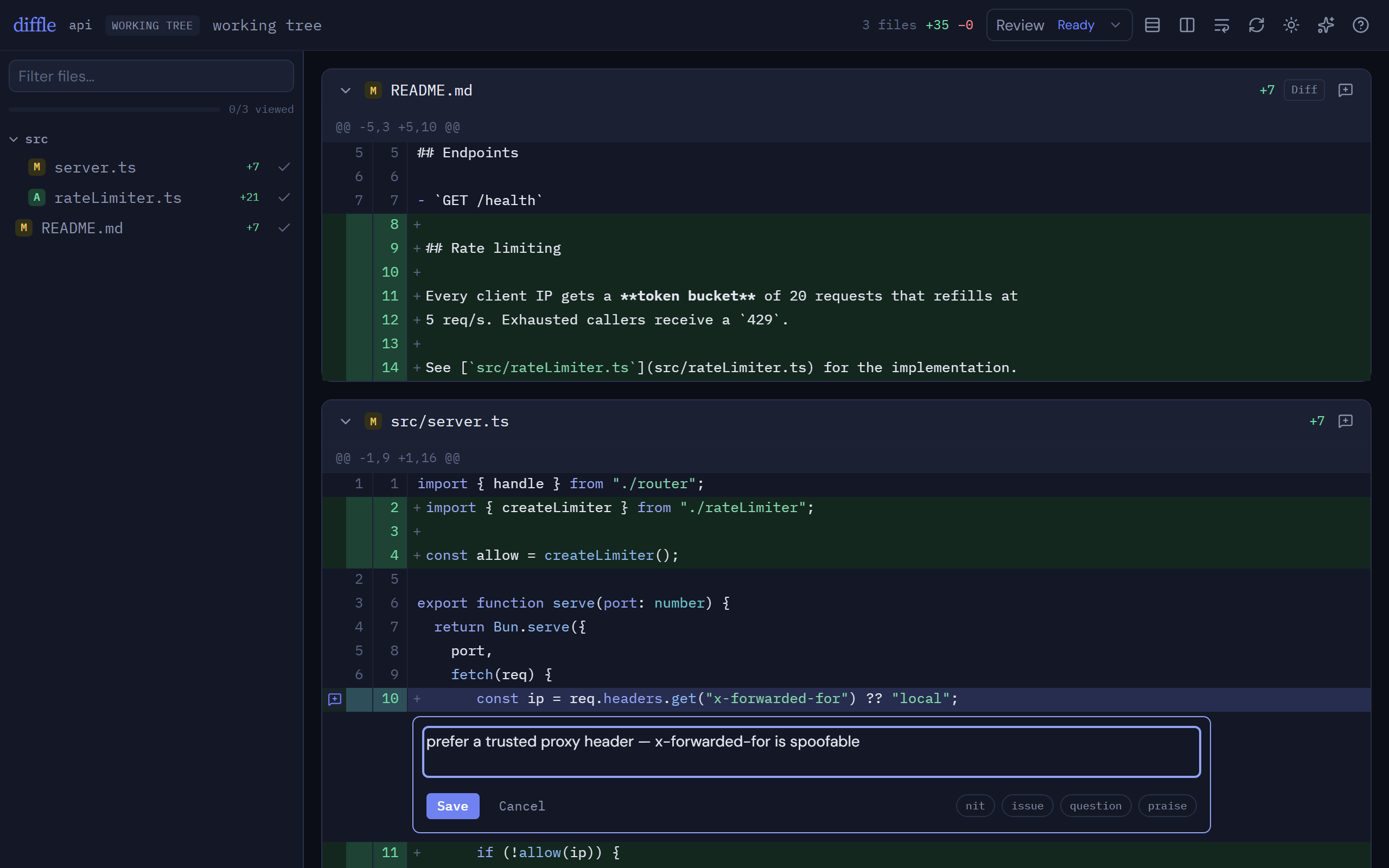 The diffle review view: a file tree, a syntax-highlighted diff, and an open inline comment