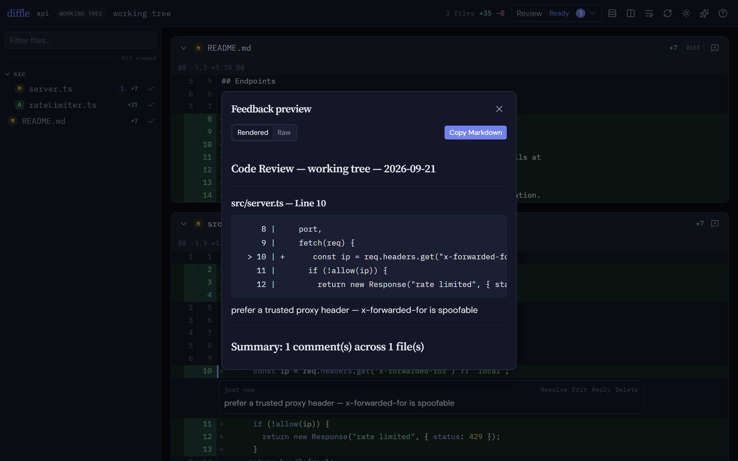 The feedback preview: each comment rendered with its code context, ready to copy as Markdown