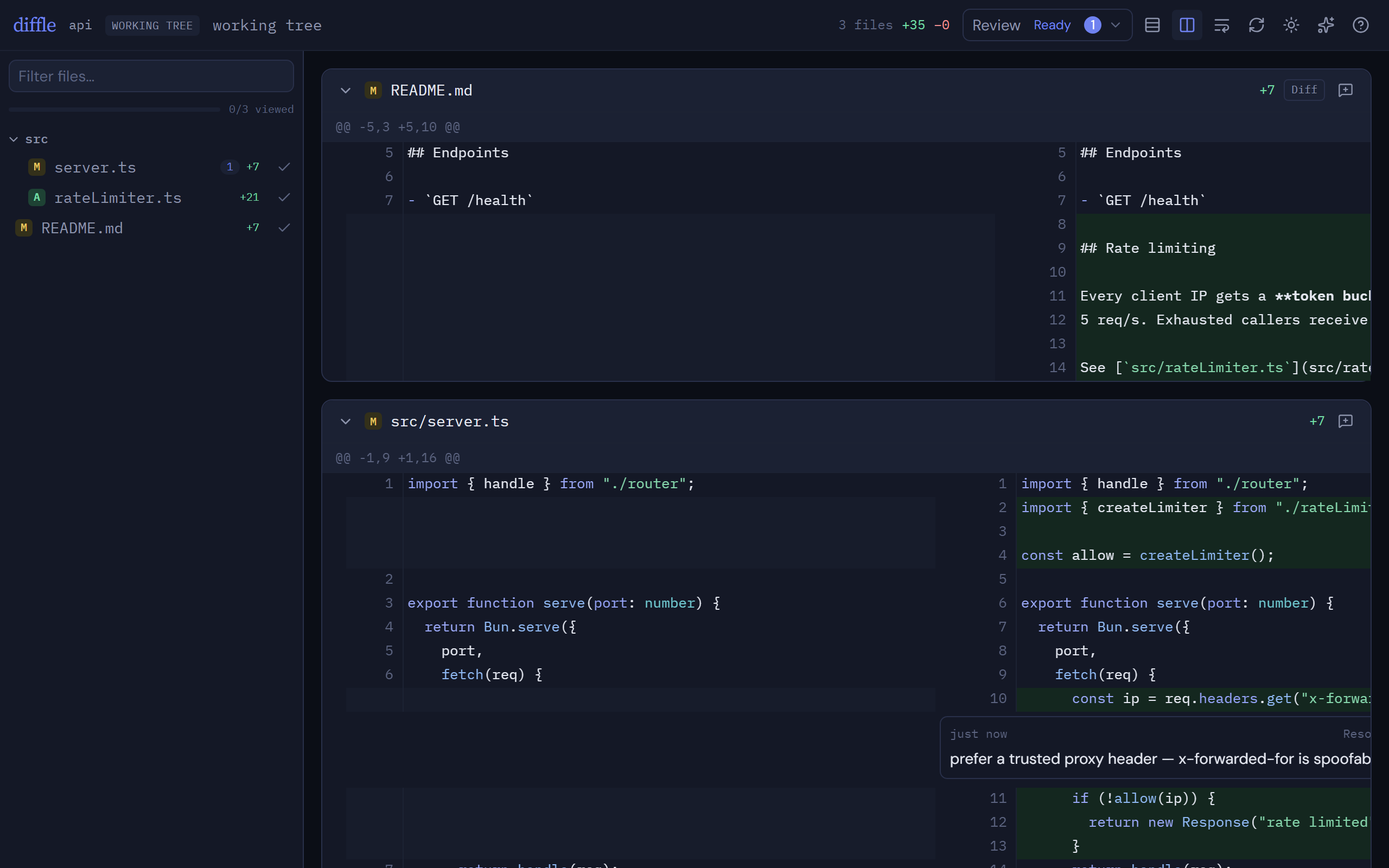 A side-by-side diff: the old file on the left, the new file on the right, with an inline comment thread